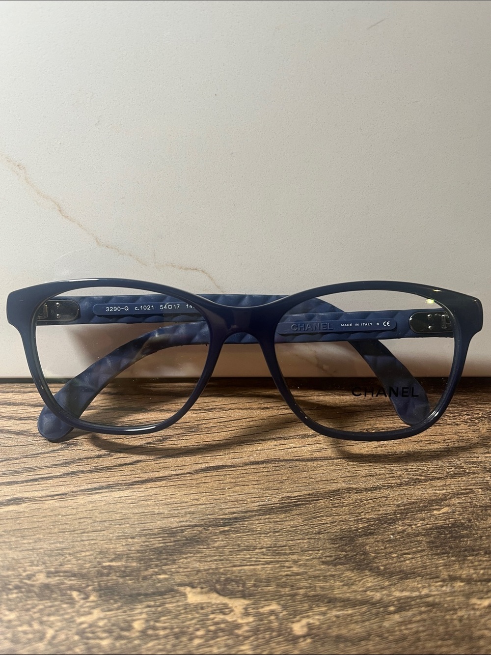 Authentic CHANEL Navy Blue Acetate Glasses with quilted Temples 3290-Q c.1021
